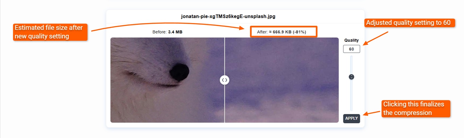 Настройка качества JPEG и оценка размера в ImageCompressor.com