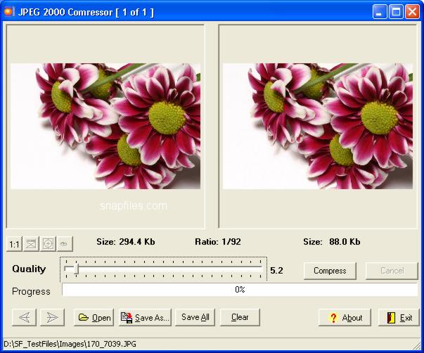 Главное окно JPEG 2000 Compressor с исходным изображением слева и результатом JP2 справа