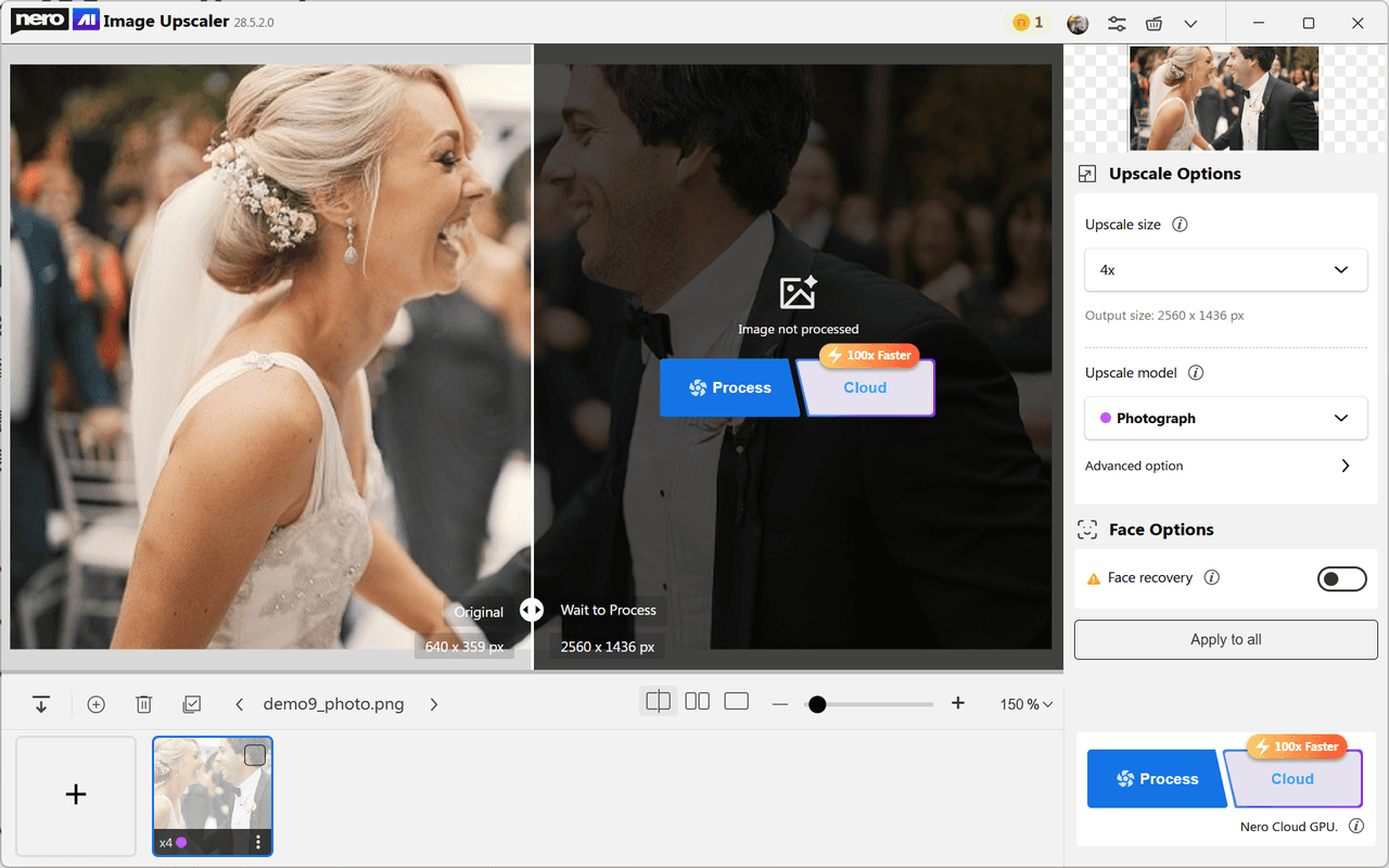 Nero AI Image Upscaler с режимом сравнения и выбором локальной или облачной обработки