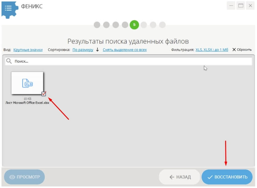 Результаты сканирования и выбор файла для восстановления в ФЕНИКС
