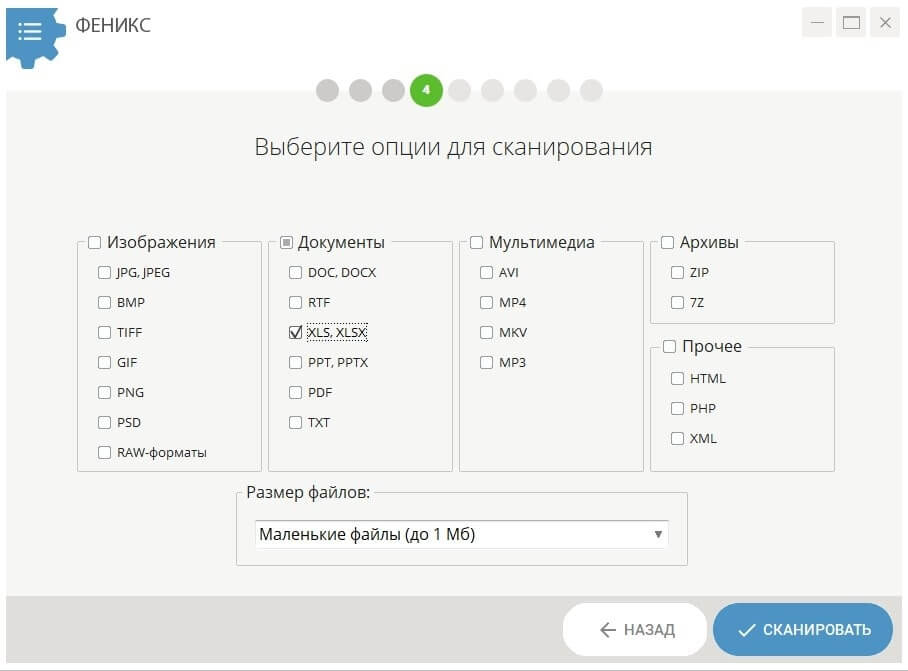 Фильтры форматов и размера файлов в ФЕНИКС