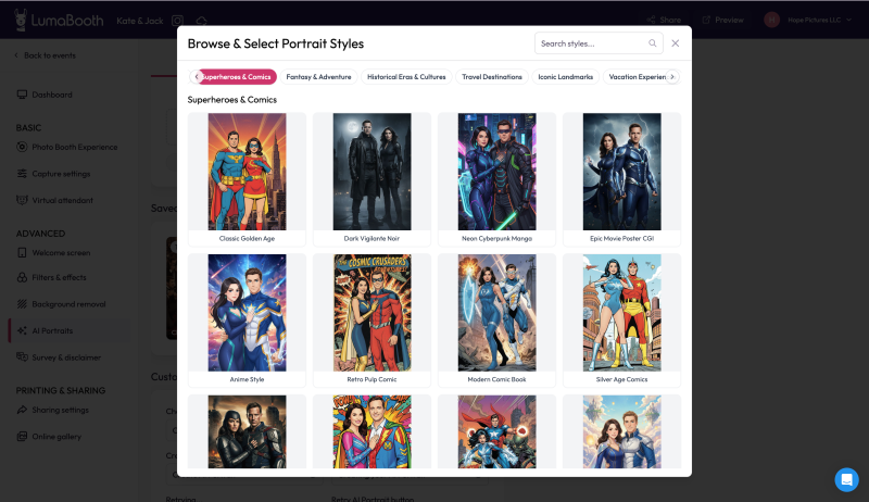 Окно выбора стилей AI Portraits в LumaBooth Dashboard
