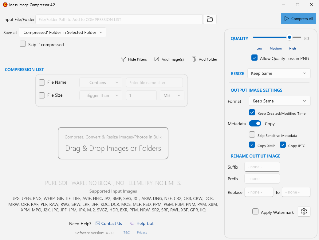 Стартовое окно Mass Image Compressor 4.2 для Windows с настройками качества, размера и формата