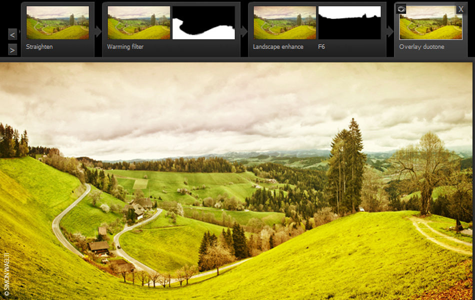История эффектов Smart Photo Editor с миниатюрами стадий обработки и масок