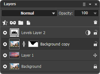 Панель Layers в AliveColors с корректирующим слоем, маской и несколькими растровыми слоями