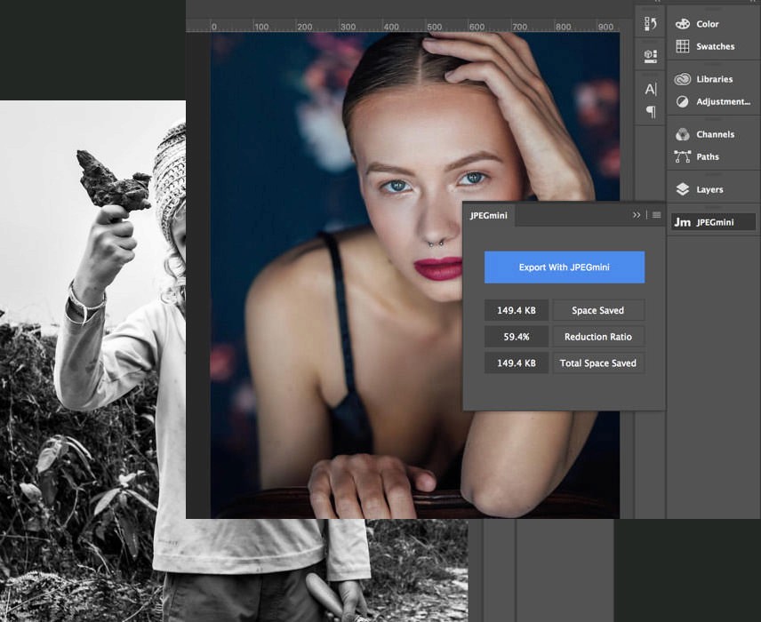 Панель плагина JPEGmini в Adobe Photoshop с кнопкой экспорта и статистикой экономии