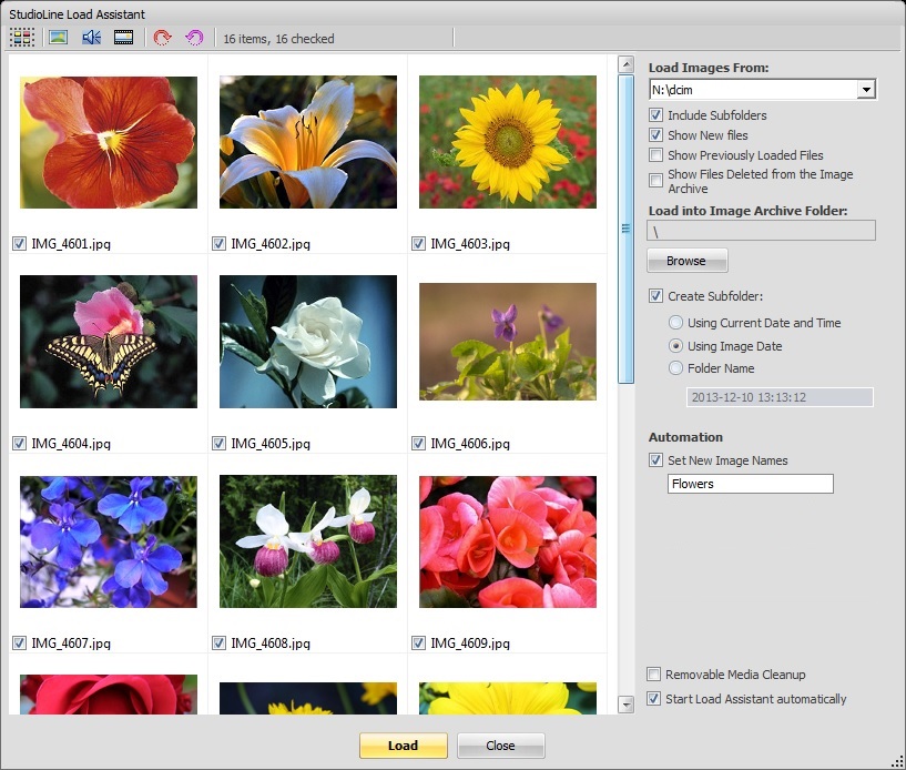 Load Assistant StudioLine Photo Basic с миниатюрами и параметрами импорта