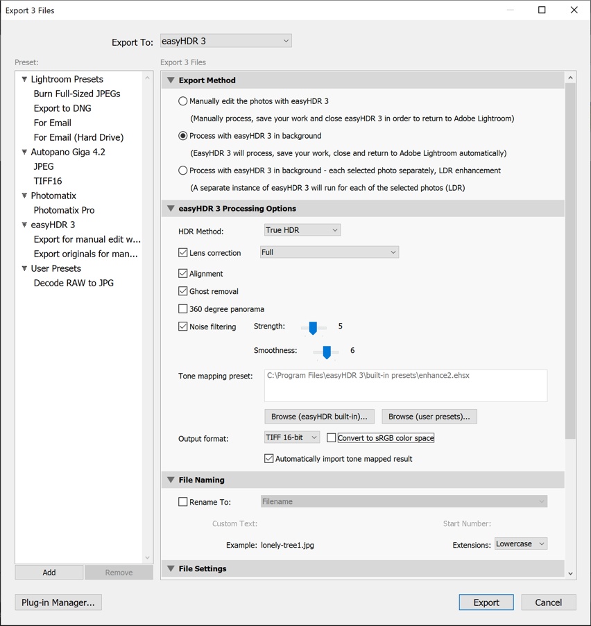 Параметры экспорта из Adobe Lightroom Classic в easyHDR 3