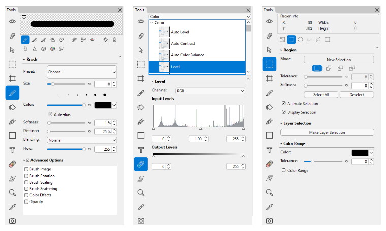 Панель Tool Options Hornil StylePix для кисти, уровней и выделения по цвету