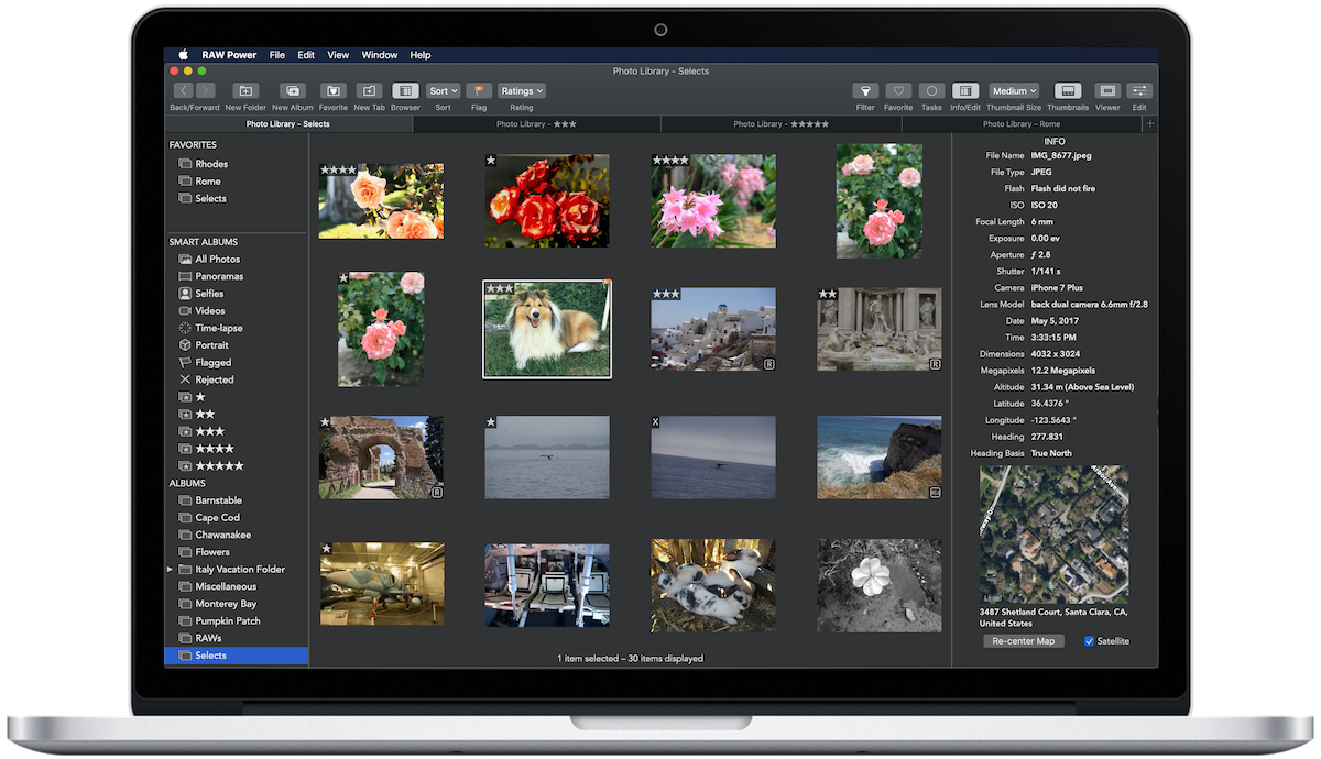 Интерфейс RAW Power для macOS с библиотекой фотографий, сеткой миниатюр и панелью метаданных
