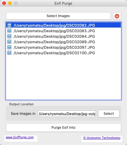 Интерфейс EXIFPurge для macOS со списком фотографий и папкой вывода
