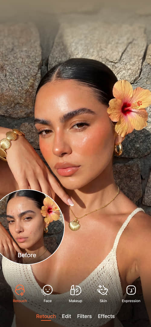 Интерфейс AirBrush с разделами Retouch, Edit, Filters и Effects