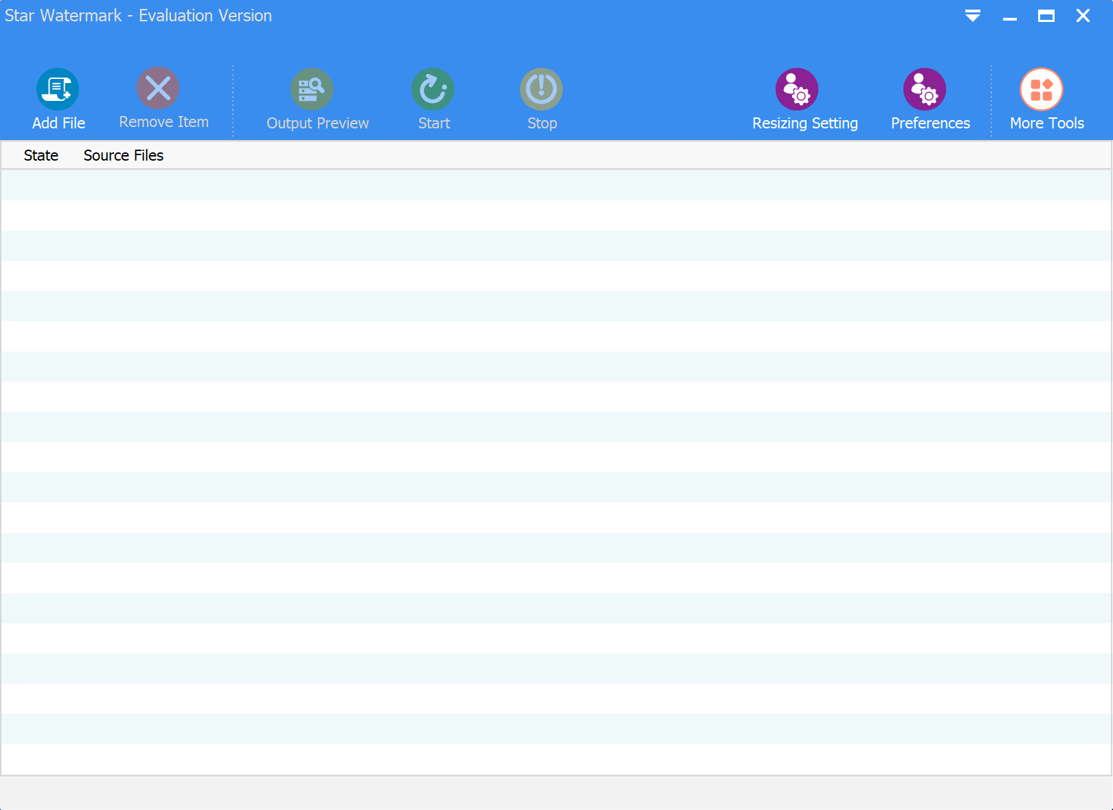 Главное окно Star Watermark для Windows со списком файлов и верхней панелью инструментов