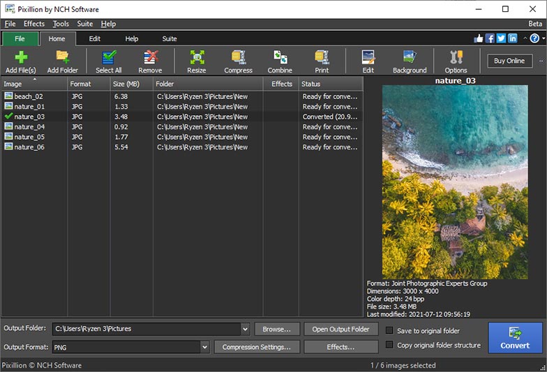 Главное окно Pixillion Image Converter со списком файлов, панелью инструментов и предварительным просмотром