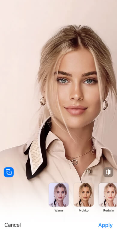 Экран FaceApp с вариантами цветового образа и кнопкой сравнения до и после