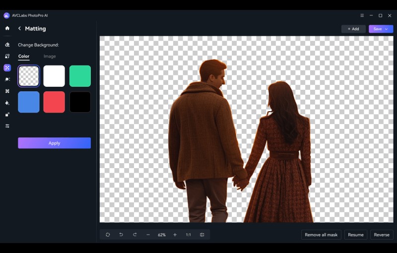 Режим Matting в AVCLabs PhotoPro AI с прозрачным фоном и палитрой замены