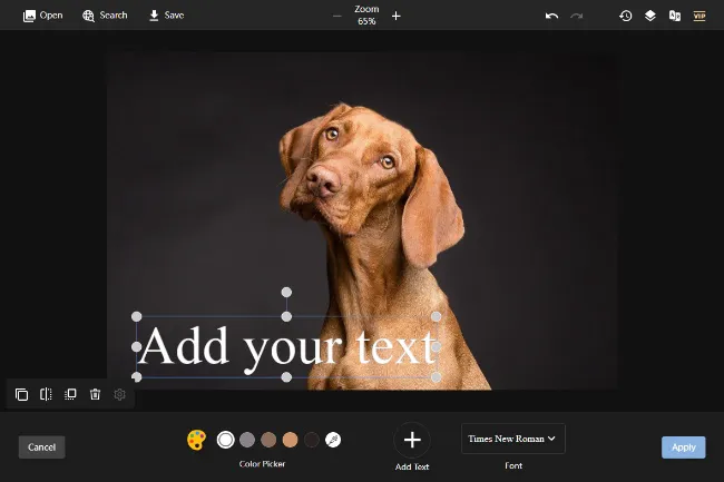 Интерфейс PhotoKit с текстовым объектом на холсте и панелью параметров