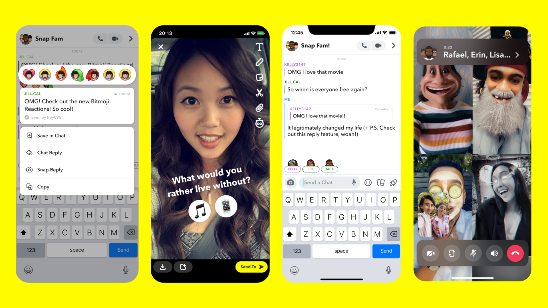 Интерфейс Snapchat с чатами, камерой и видеозвонком