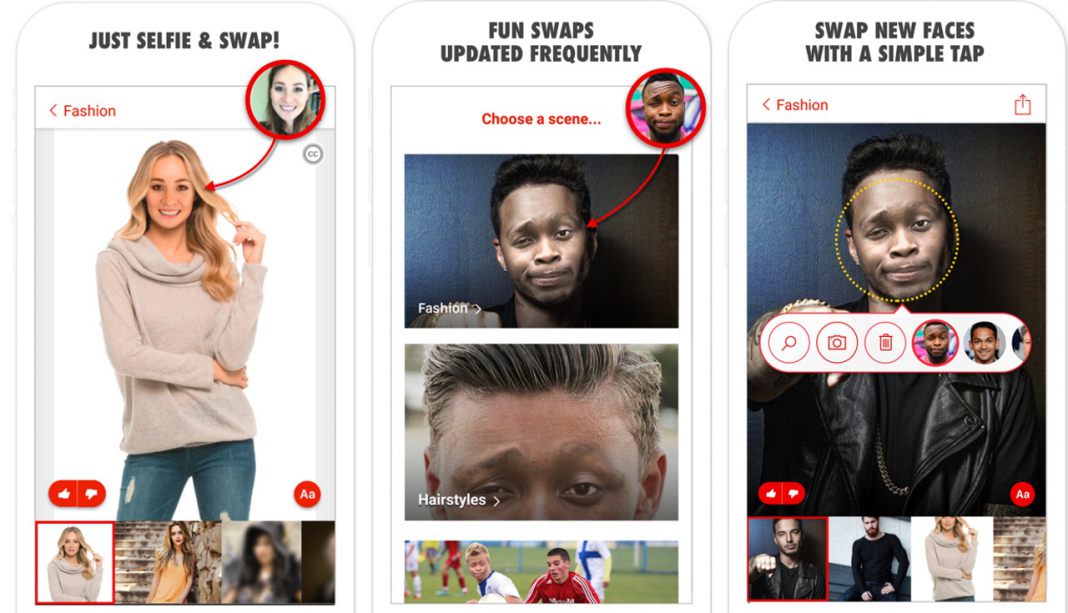 Три экрана мобильного приложения Microsoft Garage Face Swap: выбор сцены, предпросмотр и панель лиц