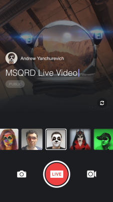 Экран подготовки Facebook Live в MSQRD с маской и кнопкой LIVE