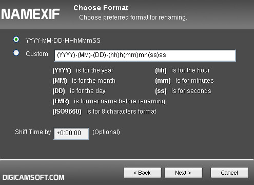 Экран Choose Format текущей страницы Namexif