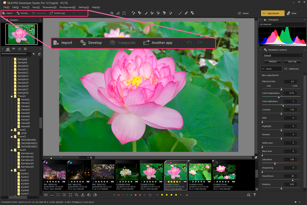 Главное окно SILKYPIX Developer Studio Pro12 с навигатором, областью просмотра, параметрами и миниатюрами