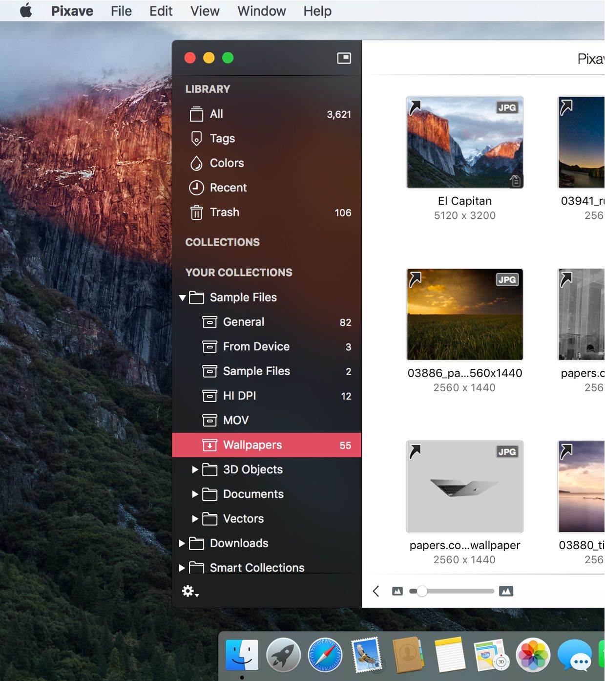 Главное окно Pixave для macOS с боковой панелью коллекций и сеткой миниатюр