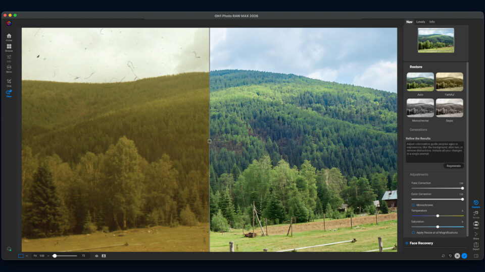 Модуль Restore AI в ON1 Photo RAW MAX 2026 с сравнением изображения до и после восстановления