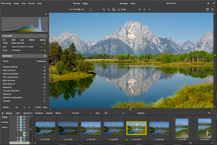 Окно Photo Ninja с открытым RAW, панелью фильтров и лентой миниатюр