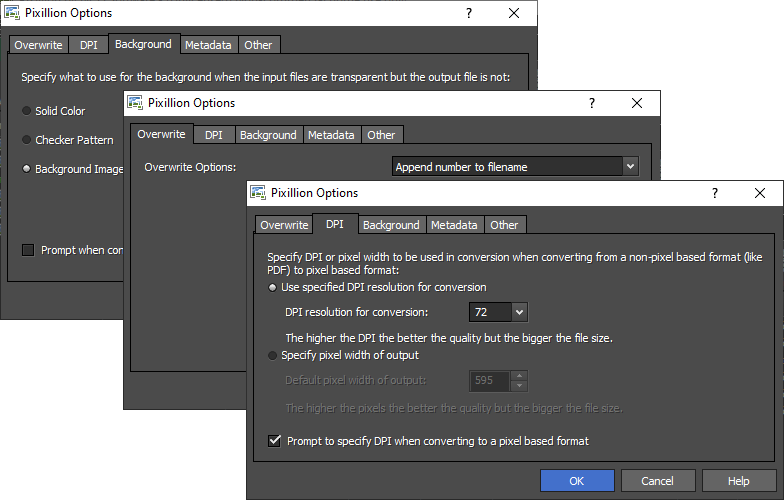 Окно Pixillion Options с вкладками Overwrite, DPI, Background, Metadata и Other