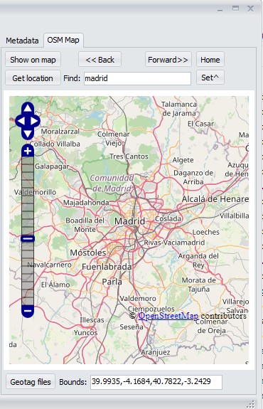Панель OpenStreetMap в ExifToolGUI для просмотра и установки геотегов