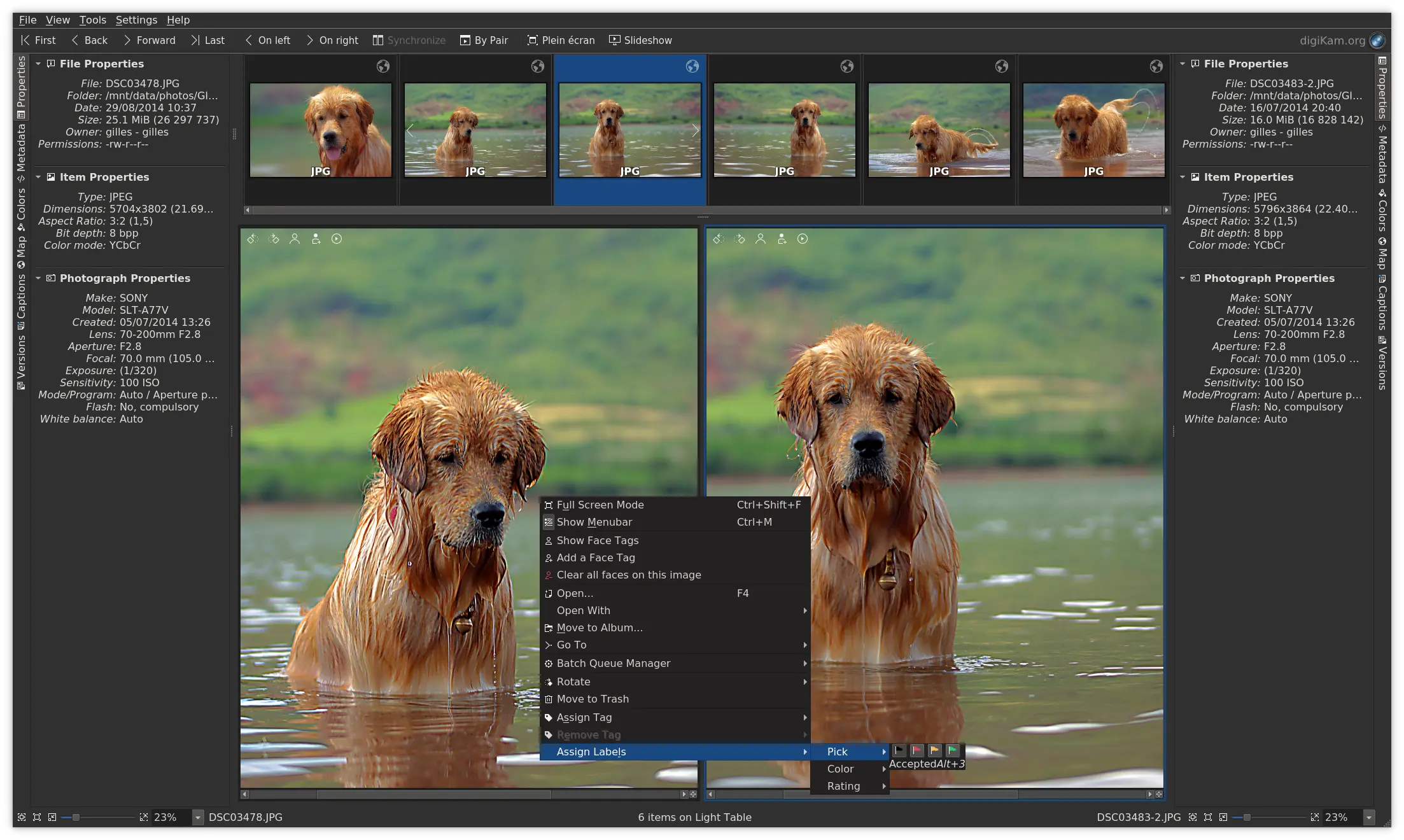 Световой стол digiKam с параллельным сравнением двух фотографий