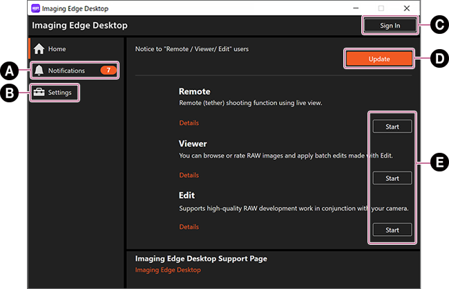 Домашний экран Imaging Edge Desktop с кнопками запуска Remote, Viewer и Edit