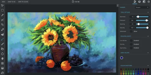 Интерфейс Sumo Paint с холстом, панелью инструментов и настройками кисти