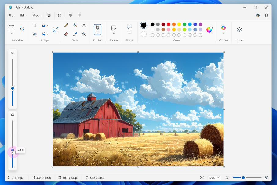 Microsoft Paint с ползунками размера и прозрачности кисти