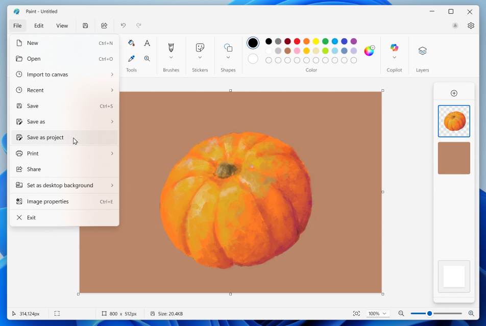 Интерфейс Microsoft Paint с меню File, холстом и панелью слоёв