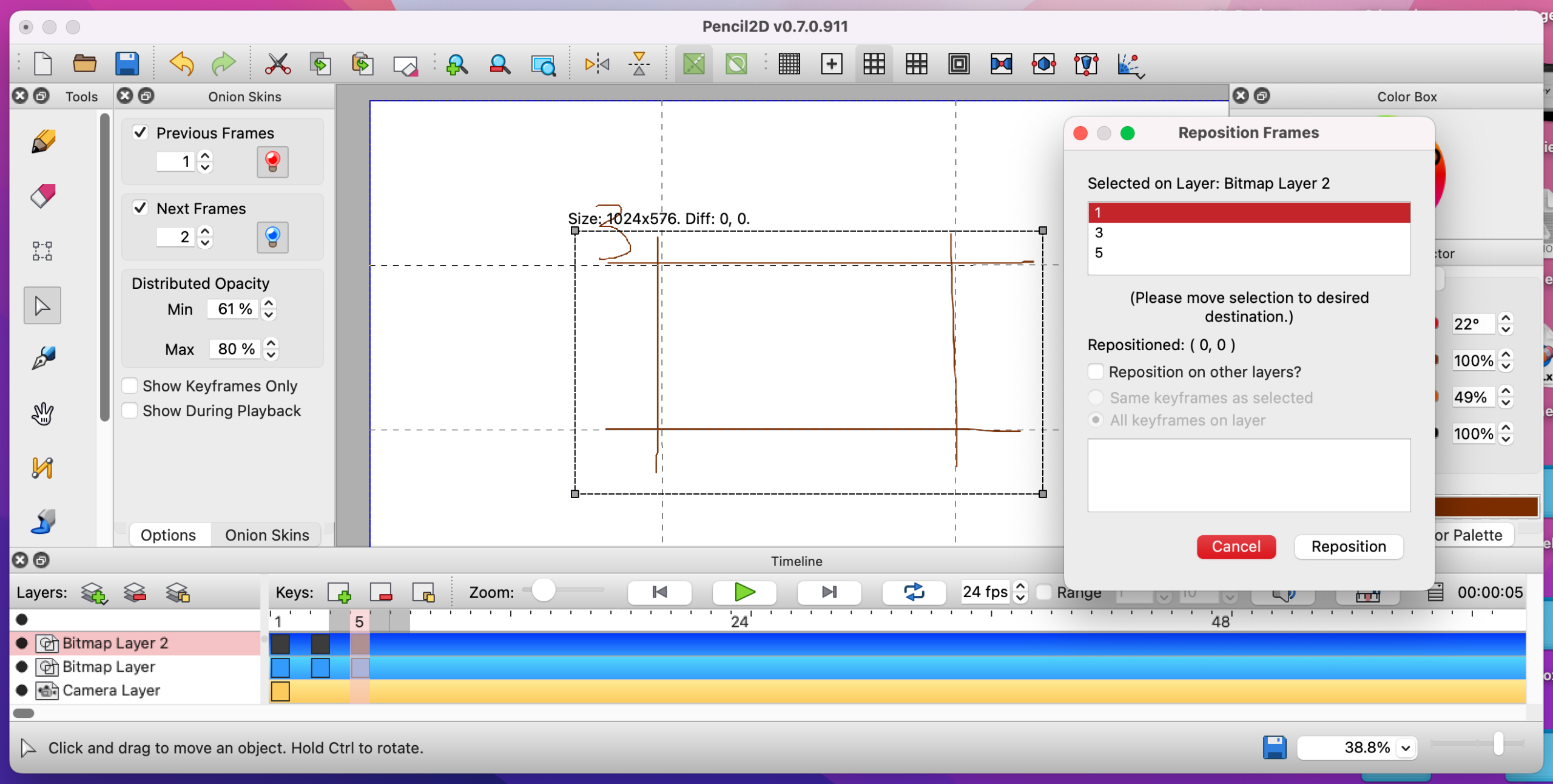 Интерфейс Pencil2D 0.7 с холстом, панелями и временной шкалой