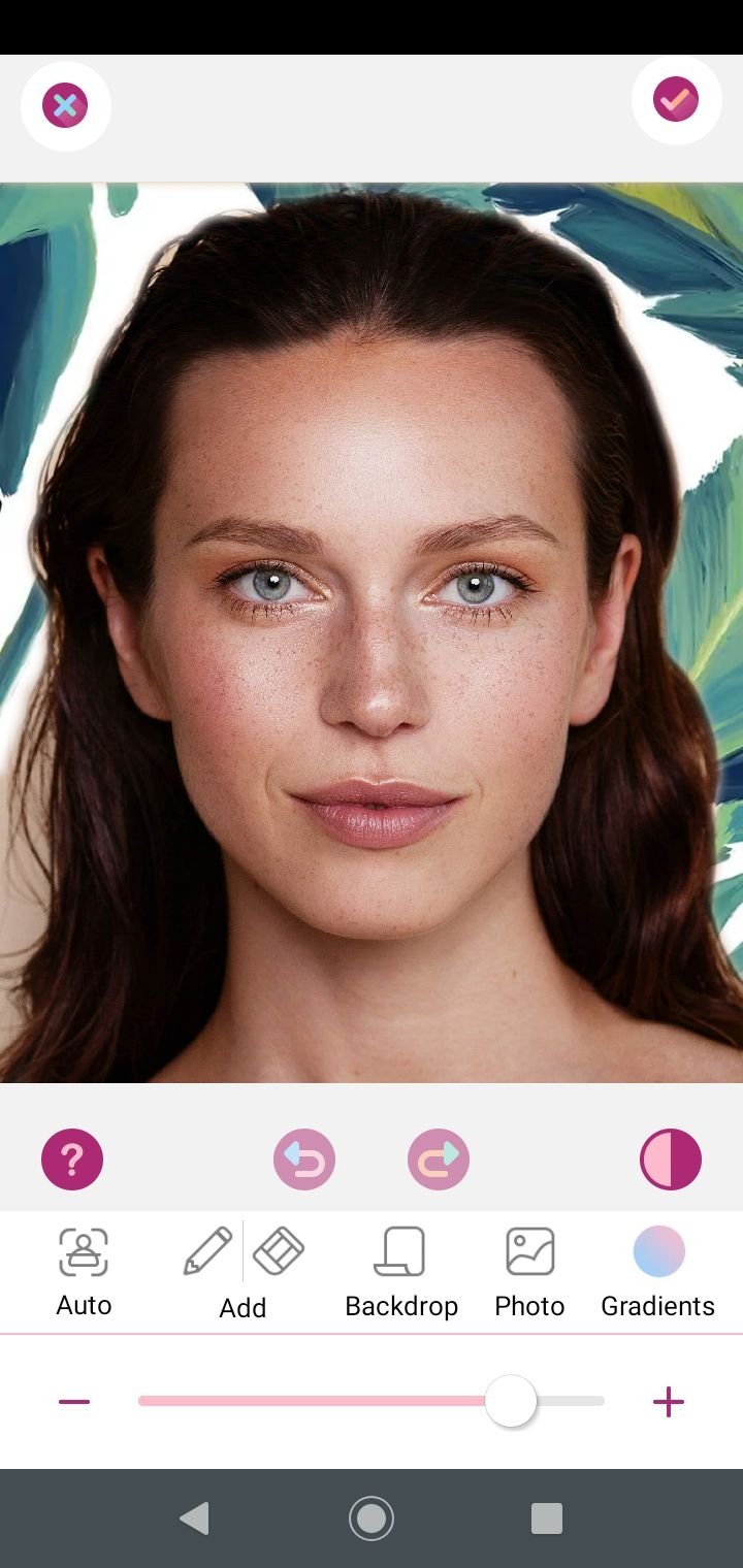 Экран Perfect Me для изменения фона с инструментами Auto, Add, Backdrop, Photo и Gradients