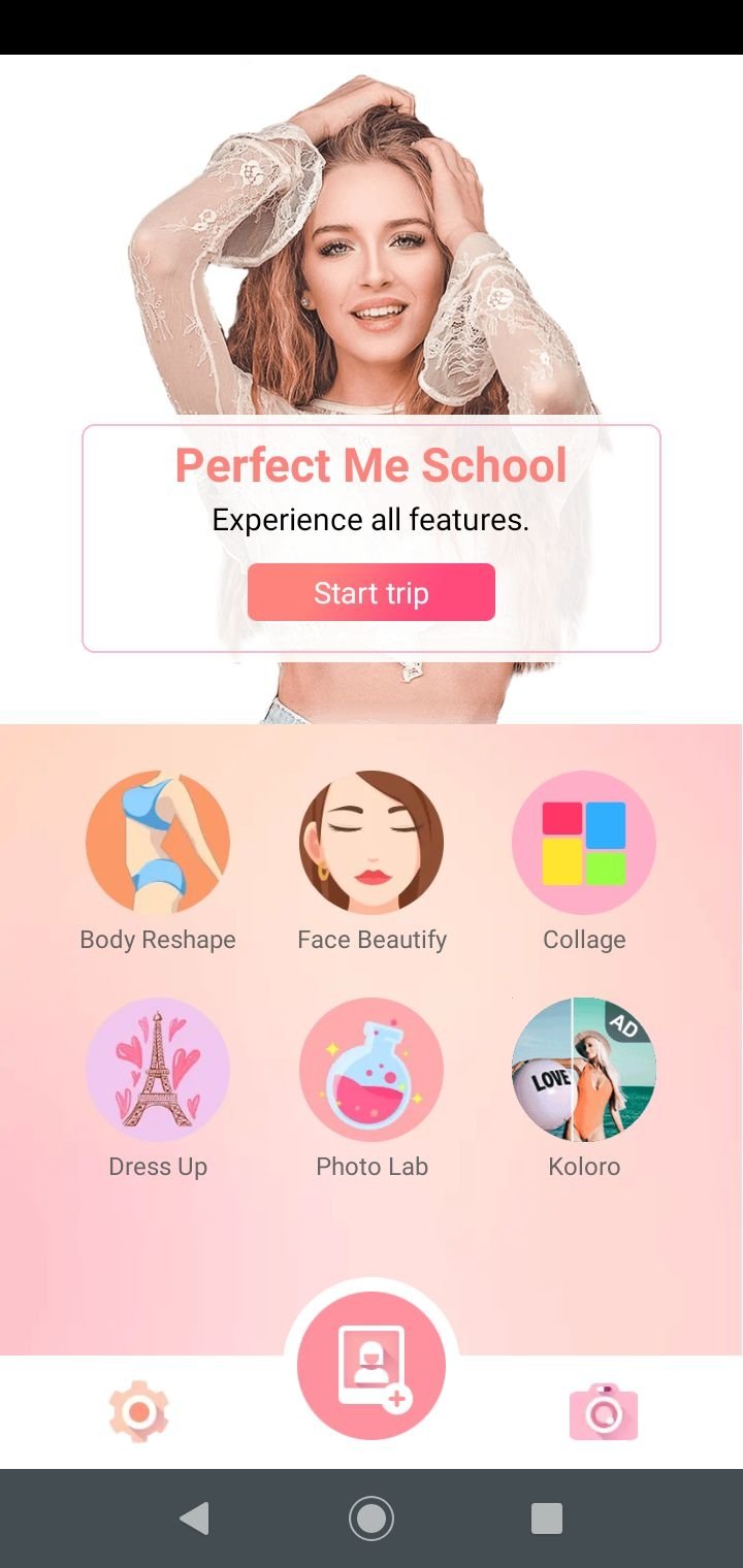 Главный экран Perfect Me с категориями Body Reshape, Face Beautify, Collage, Dress Up и Photo Lab