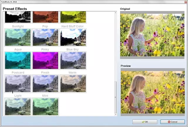 Окно готовых эффектов FotoWorks XL с миниатюрами и сравнением оригинала с результатом