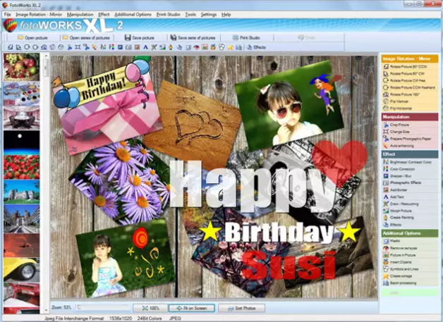 Коллаж в FotoWorks XL с несколькими фотографиями, текстом и декоративными элементами