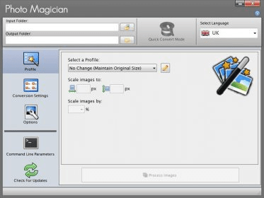 Главное окно Photo Magician 2.3 с профилем, папками ввода и вывода