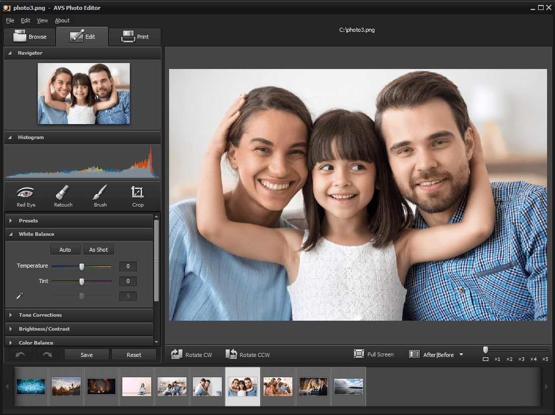 Главное окно AVS Photo Editor с вкладкой Edit, гистограммой и панелью коррекции