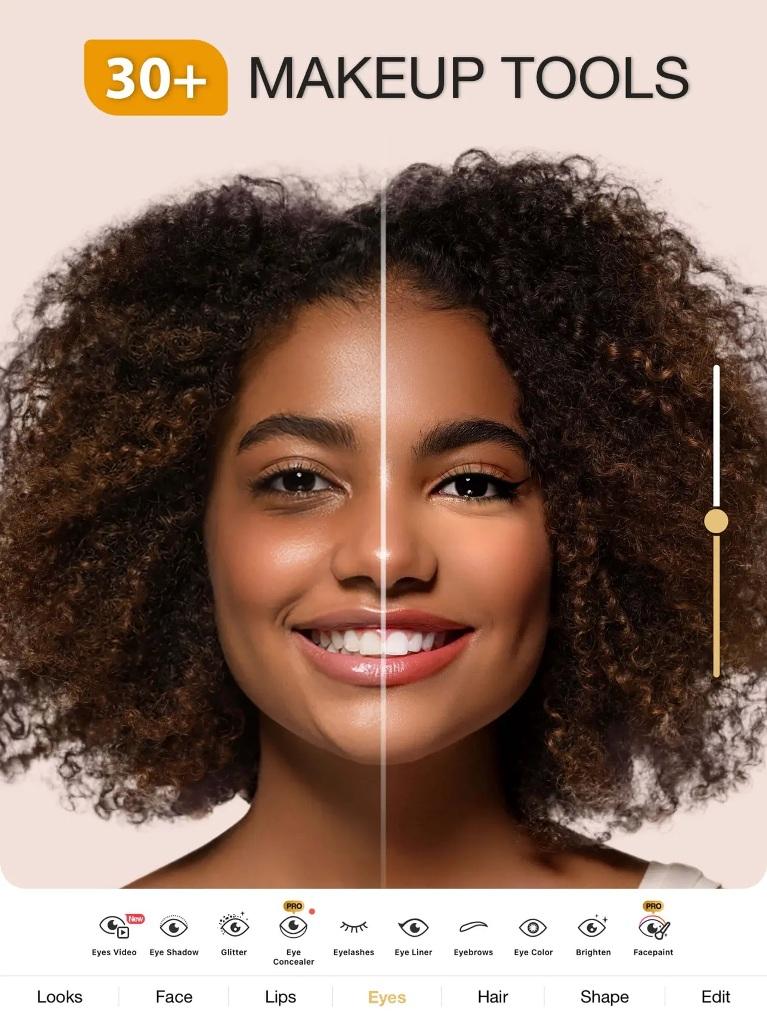 Интерфейс Perfect365 в разделе Eyes с инструментами для глаз