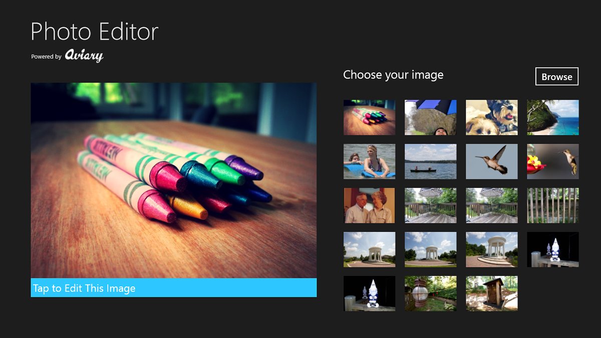 Стартовый экран Photo Editor by Aviary для Windows 8 с выбором изображения