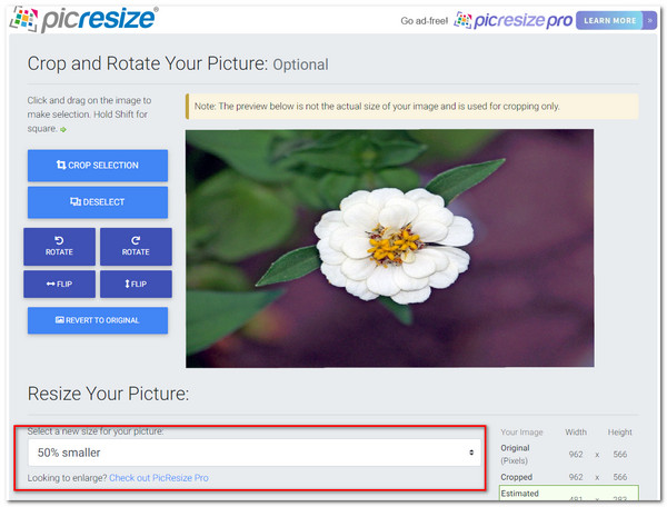 Интерфейс PicResize с блоками обрезки, поворота и изменения размера изображения