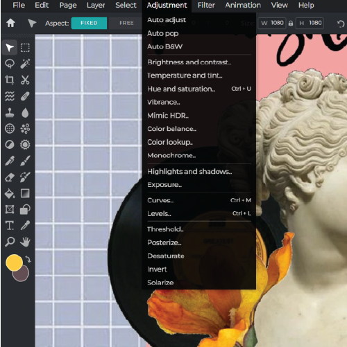 Меню Adjustment в Pixlr Editor с кривыми, уровнями и коррекциями