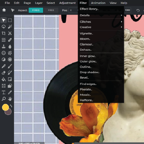 Меню Filter в Pixlr Editor с размытием, виньеткой и эффектами