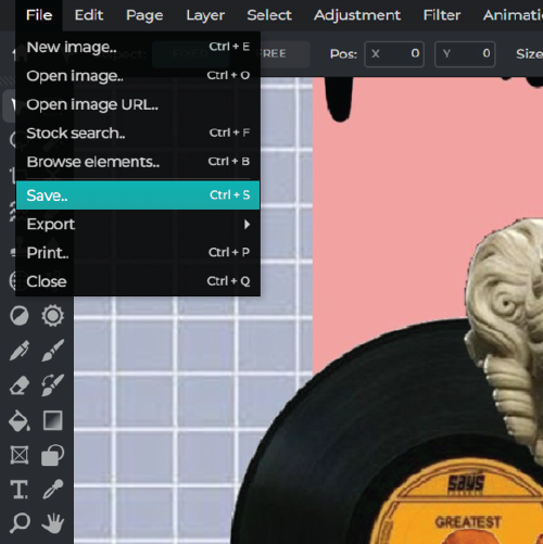 Меню File в Pixlr Editor с командами Save и Export