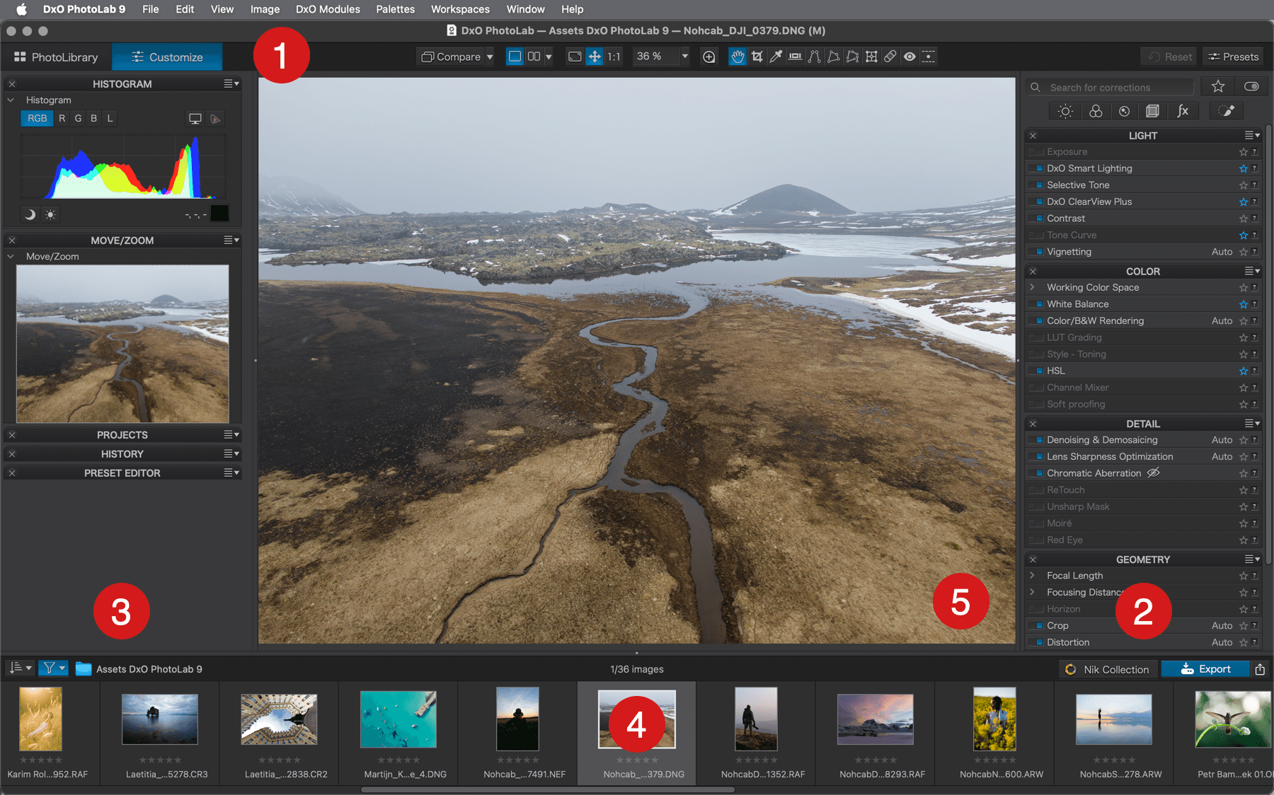 Вкладка Customize в DxO PhotoLab 9 с палитрами коррекции и нижней лентой фотографий